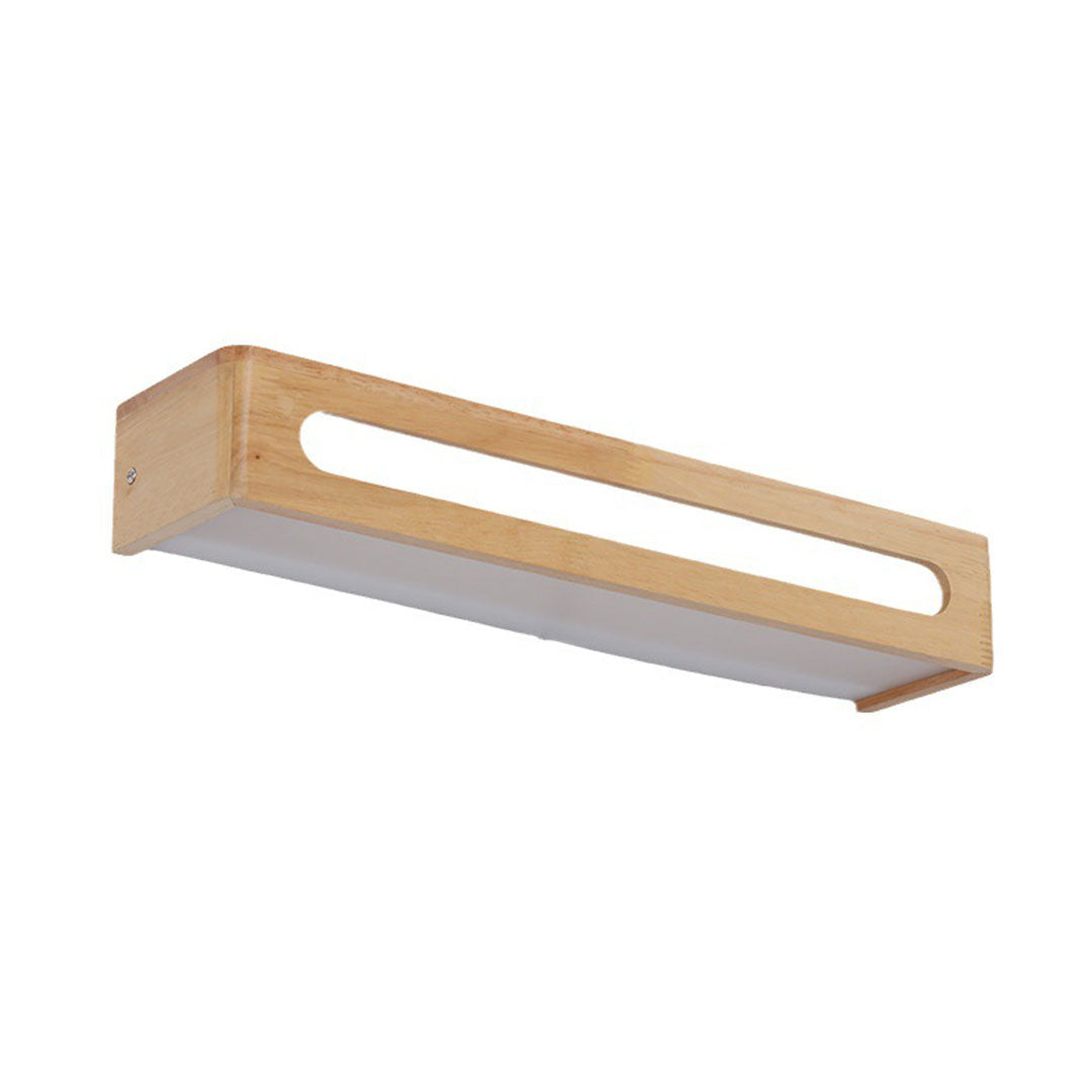 3D perspective view of a wooden LED vanity mirror light on white background.