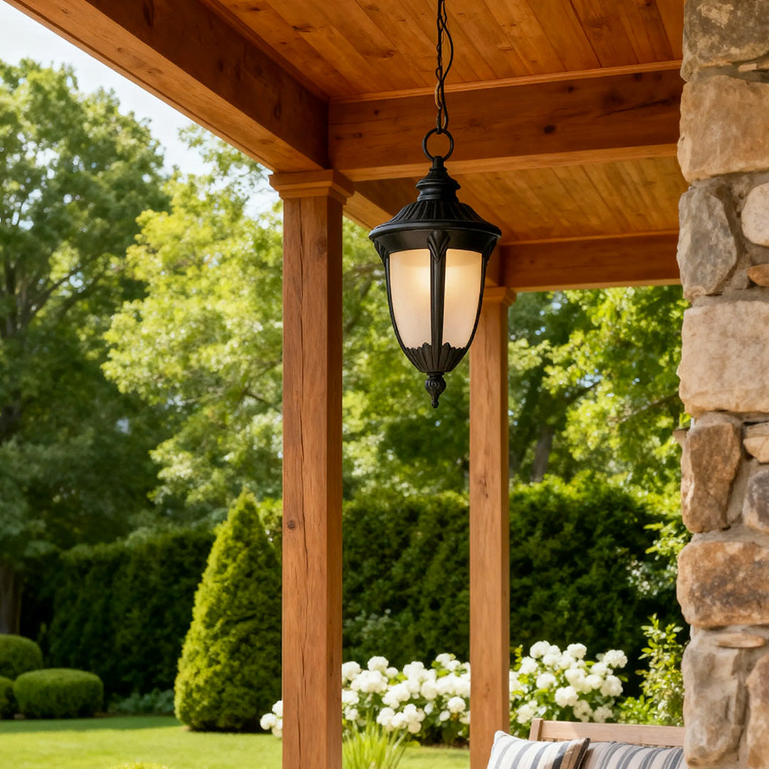Outdoor porch pendant light on a wooden porch, warm and inviting exterior lighting fixture