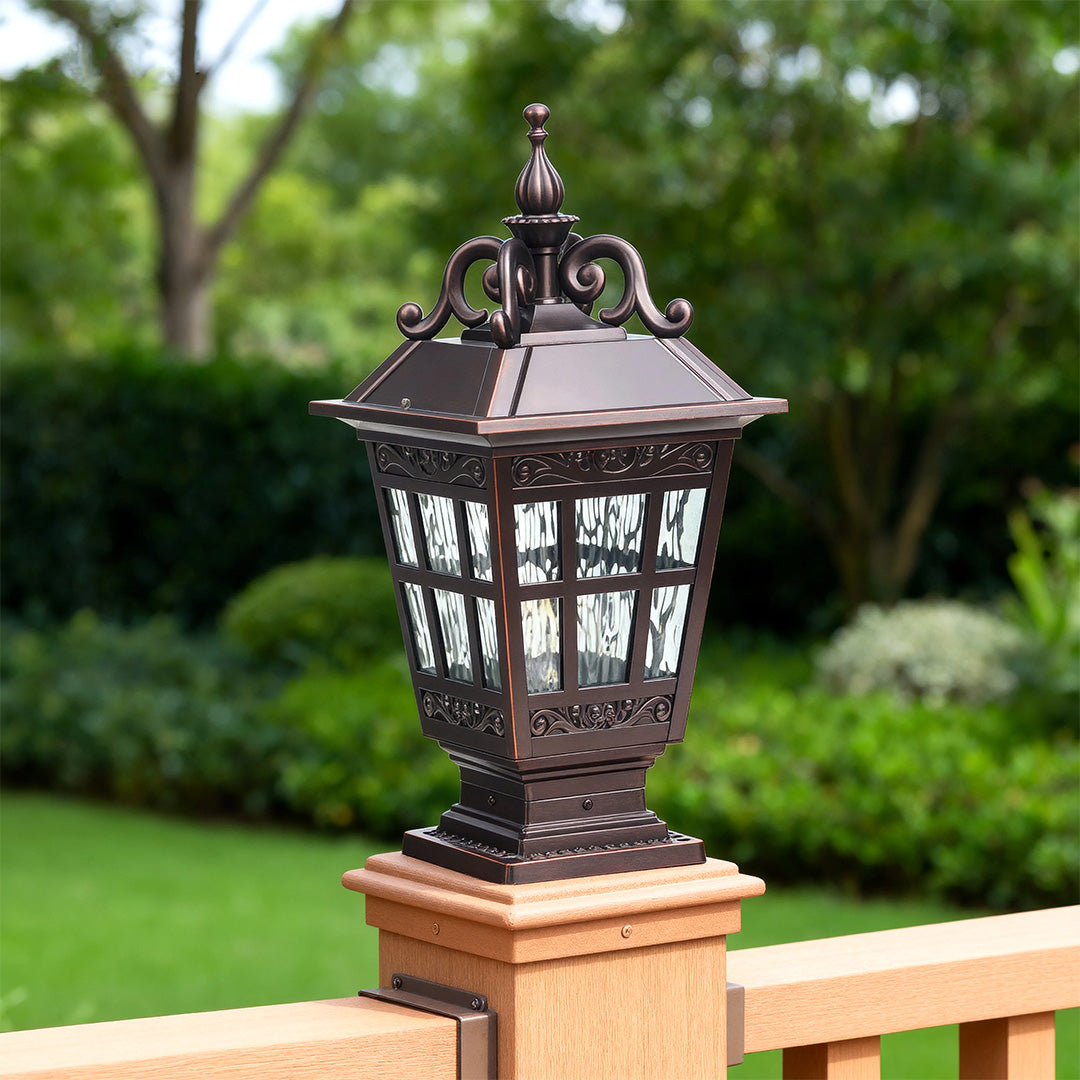 Pillar garden light on a wooden post, classic and warm outdoor lighting fixture