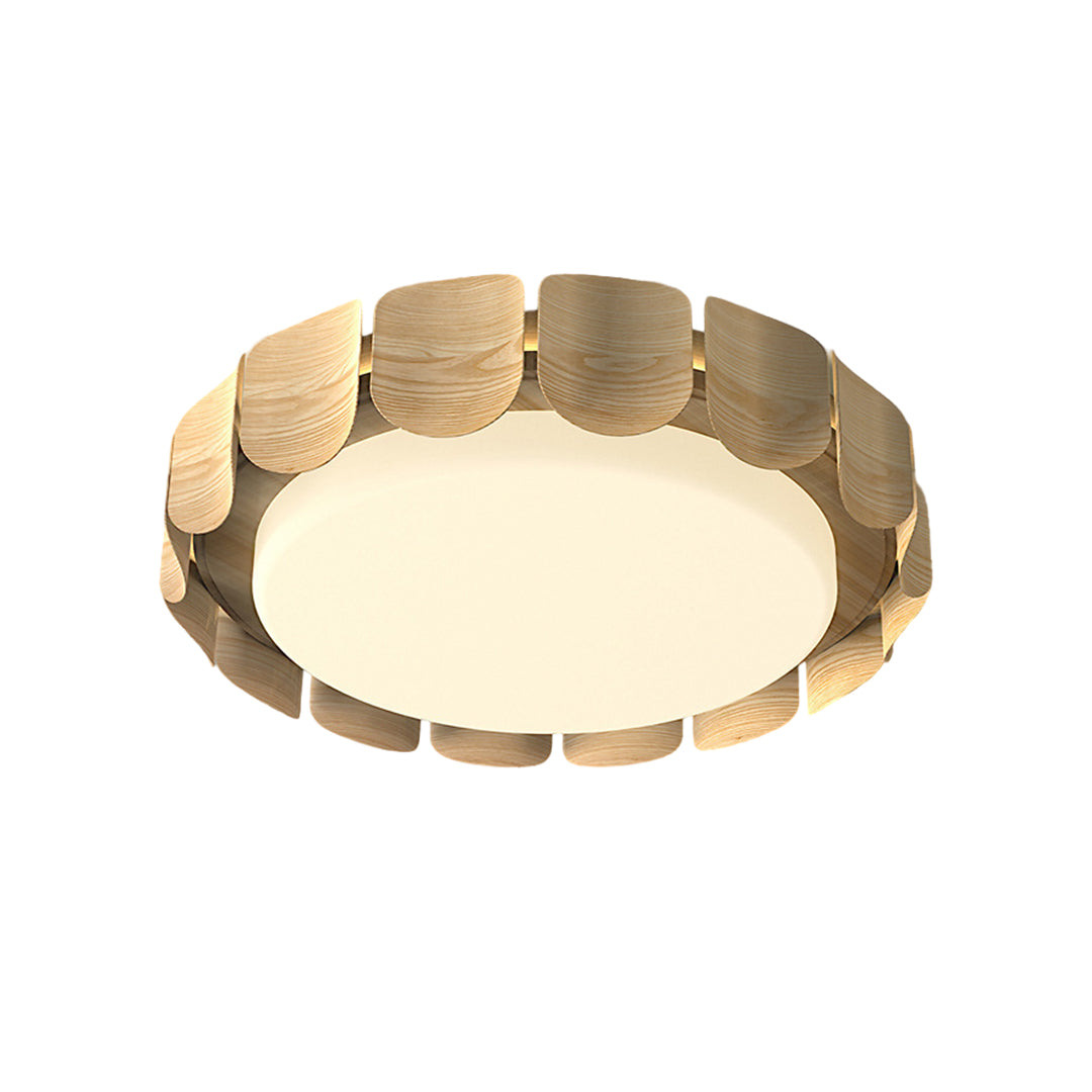 Contemporary wooden glass shade chandelier featuring round LED ceiling light with natural finish
