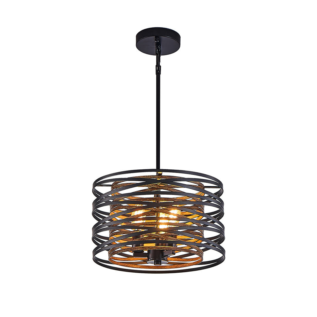 Black drum pendant light with wooden slat accents, adding a rustic touch to contemporary interiors.