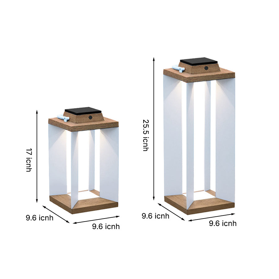 Technical specifications diagram showing dimensions for two sizes of wooden solar lanterns