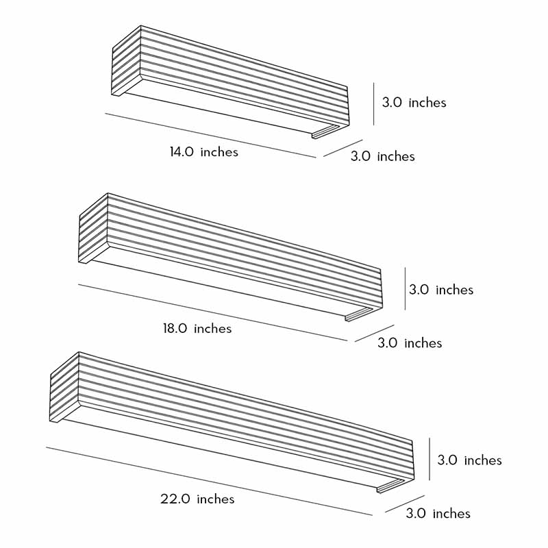Wooden wall lamp dimension drawing illustrating length, height, and depth for installation reference.