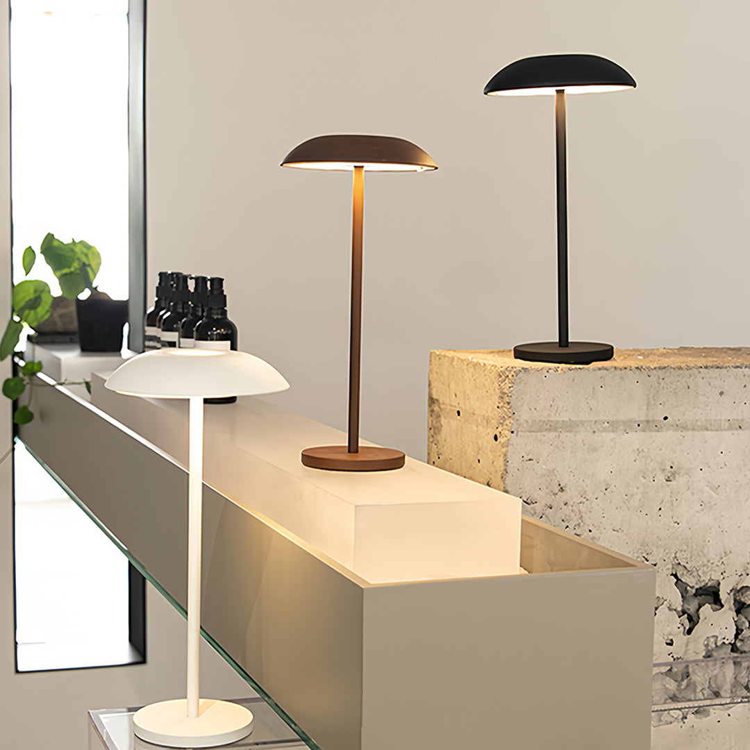 Modern workspace with small black pendant light providing focused task lighting as table lamp