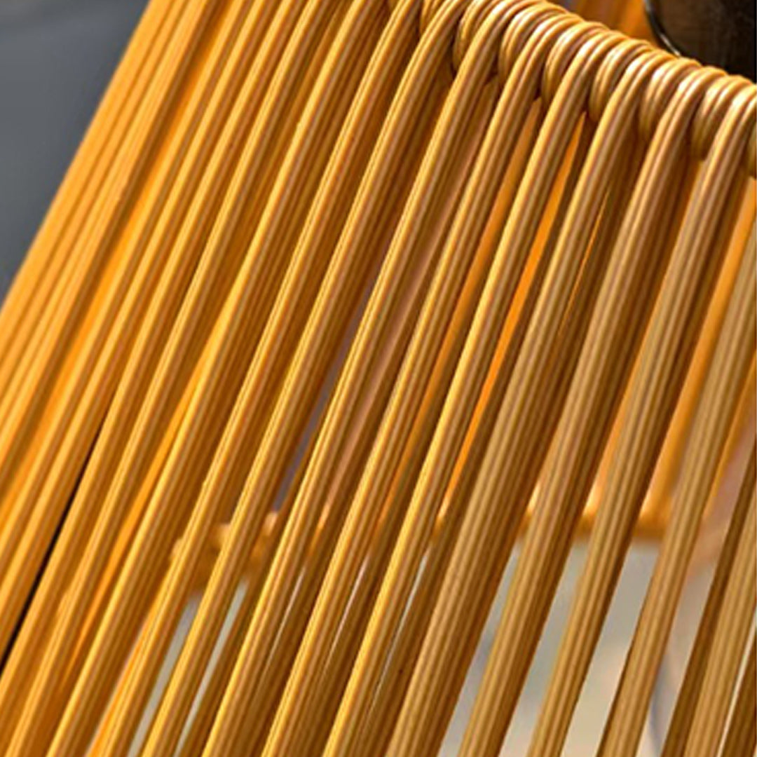 Silver Metal Table Lamp close-up detail of woven bamboo shade showing craftsmanship and texture in modern floor lamp design