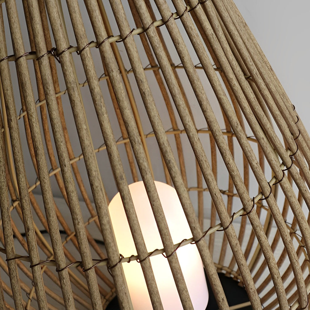 Woven bamboo lantern with a close-up of its detailed bamboo structure.