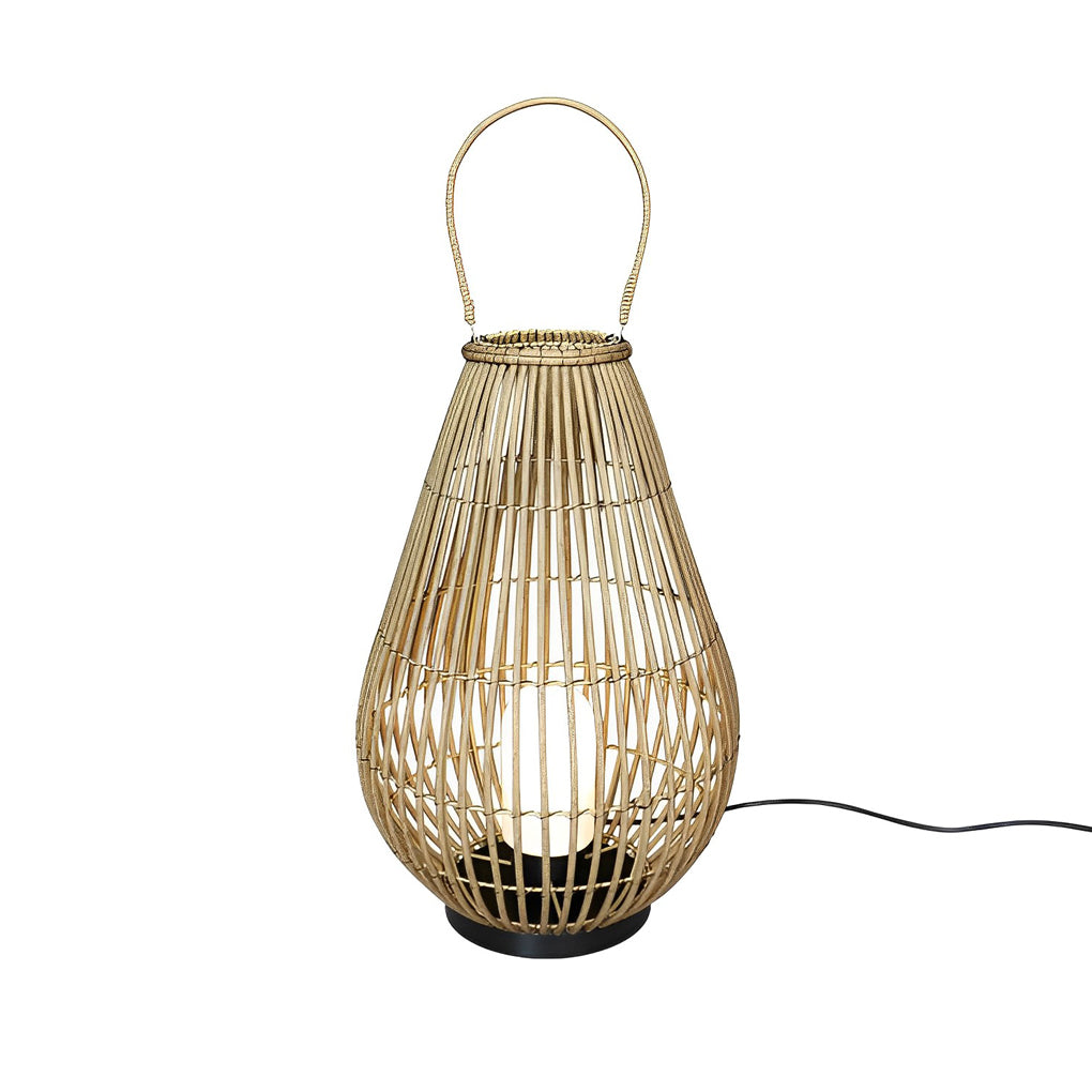 Woven bamboo lantern with a close-up of its handle and woven texture.