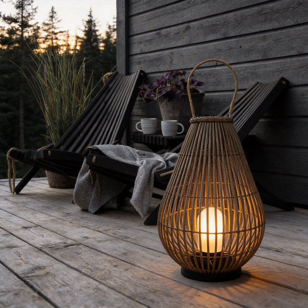 Woven bamboo lantern with a close-up of its intricate bamboo weave and glowing light.