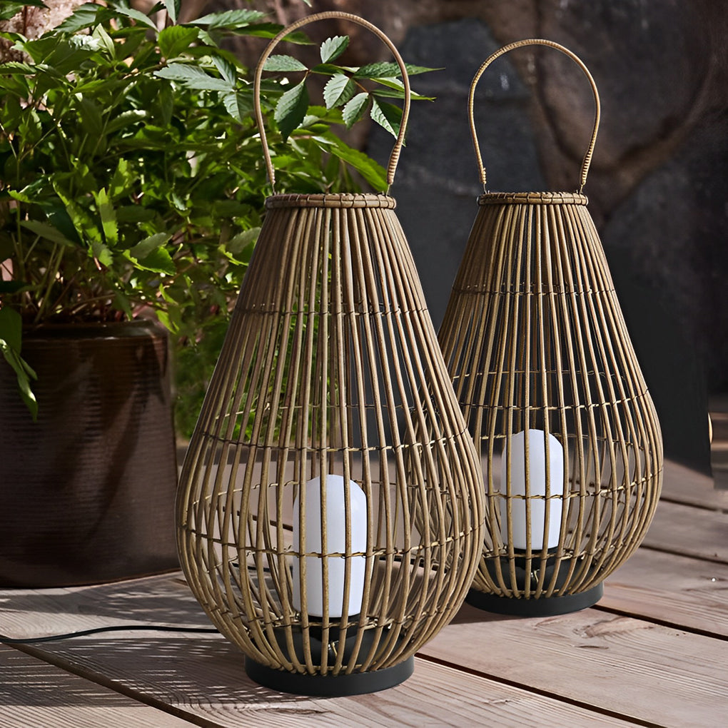 Woven bamboo lantern with a rustic design, placed beside an outdoor seating area.