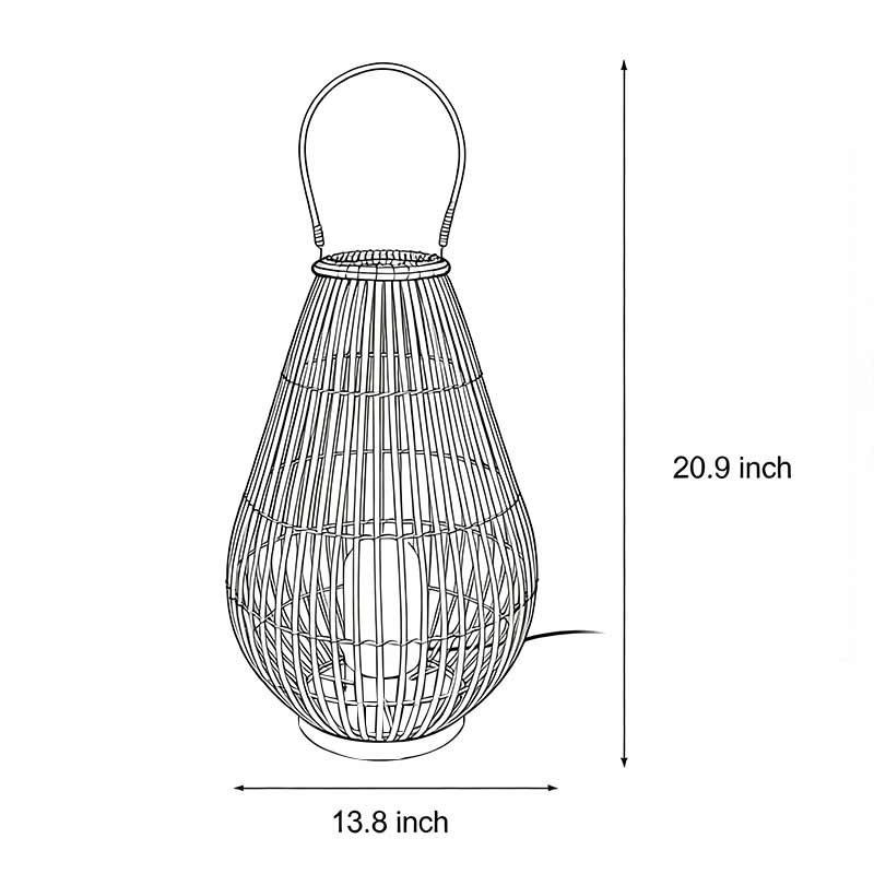 Technical diagram showing dimensions and structure of woven bamboo lantern models.