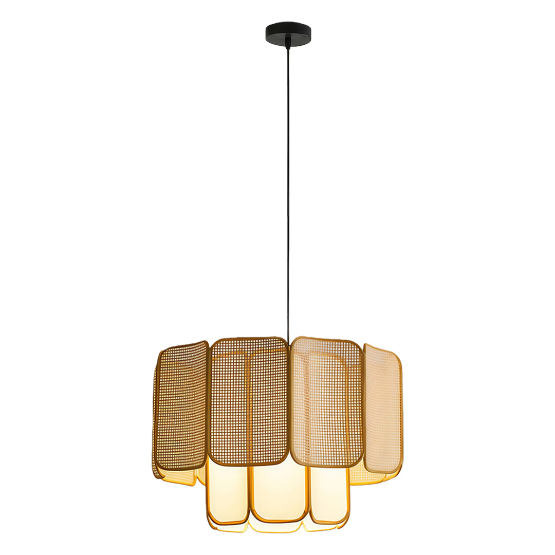 Pendant light with woven bamboo design, providing soft, ambient lighting for a modern interior.