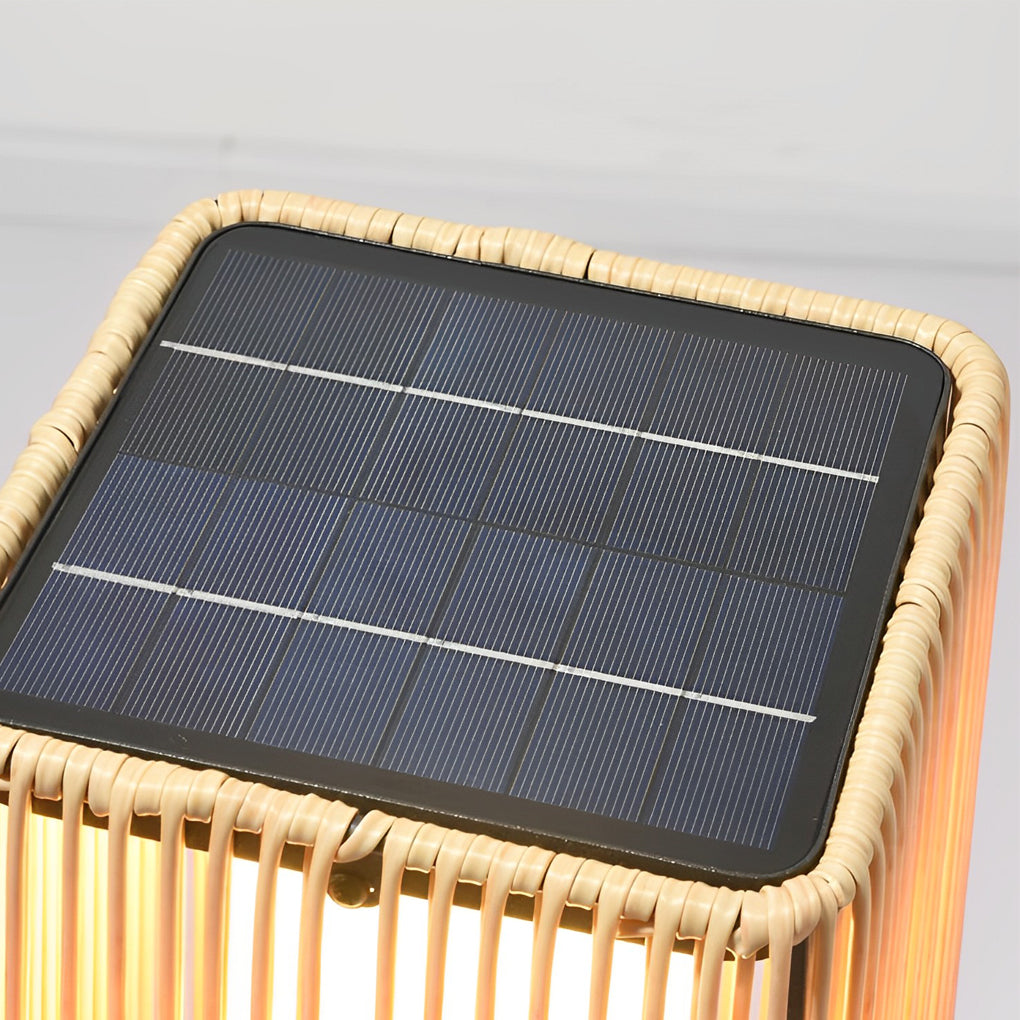 Woven floor lamp with a close-up of its detailed woven texture and light.