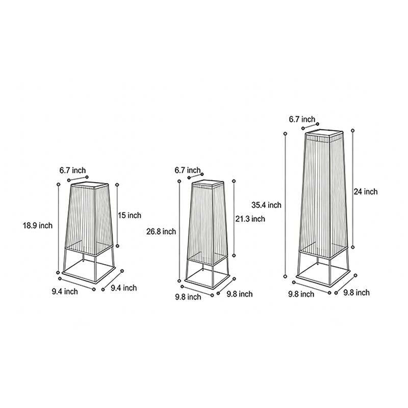 Technical diagram showing dimensions and structure of woven floor lamp models.