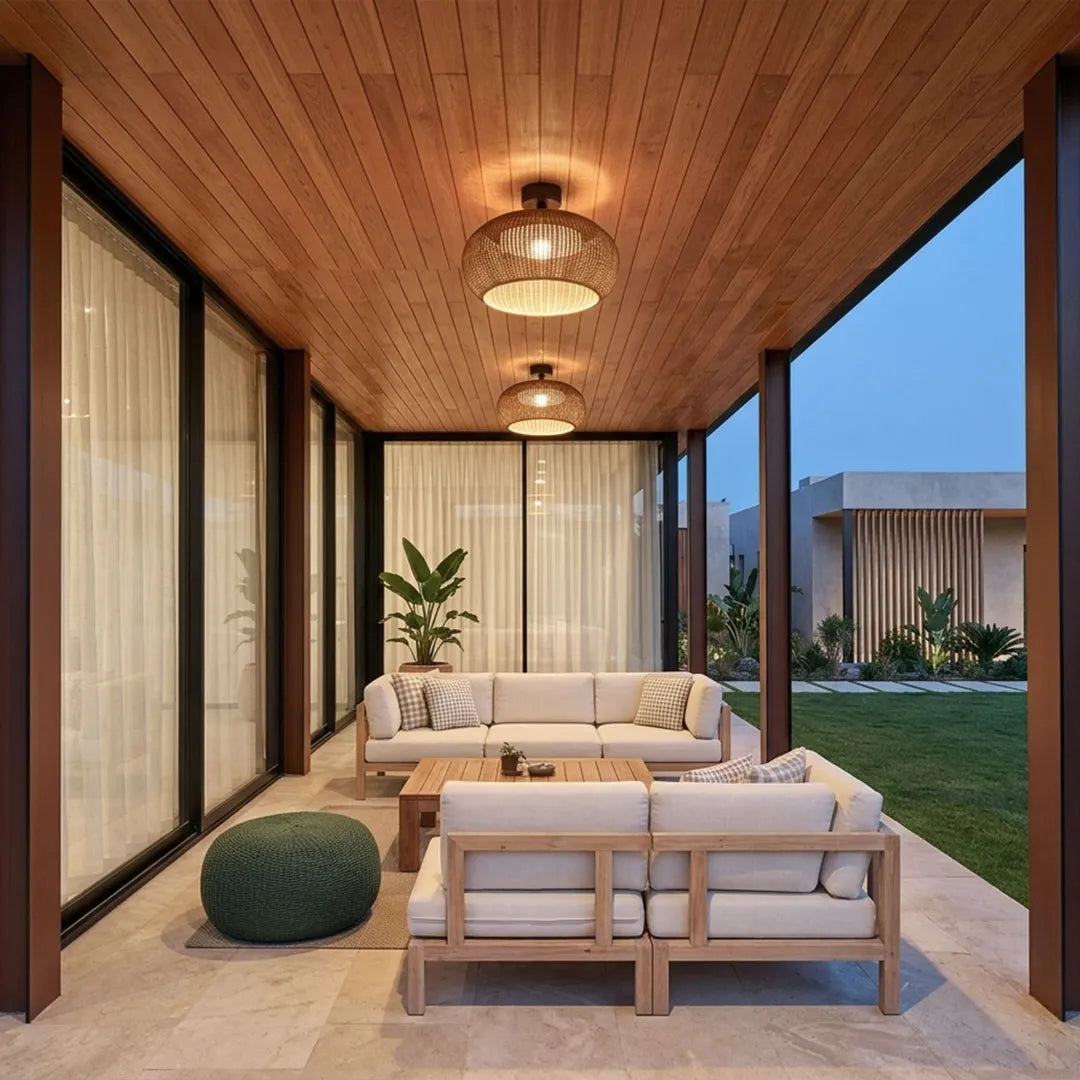 Woven flush mount light adding warm ambient lighting to a covered outdoor patio lounge.