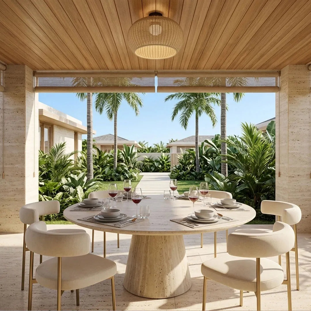 Woven flush mount light above a round dining table in a tropical covered outdoor space.