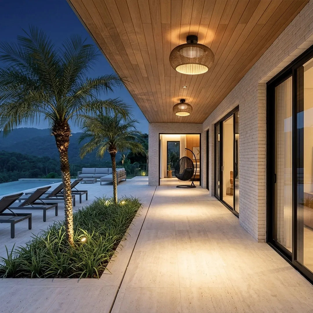 Woven flush mount light illuminating a covered outdoor walkway beside a tropical pool at night.