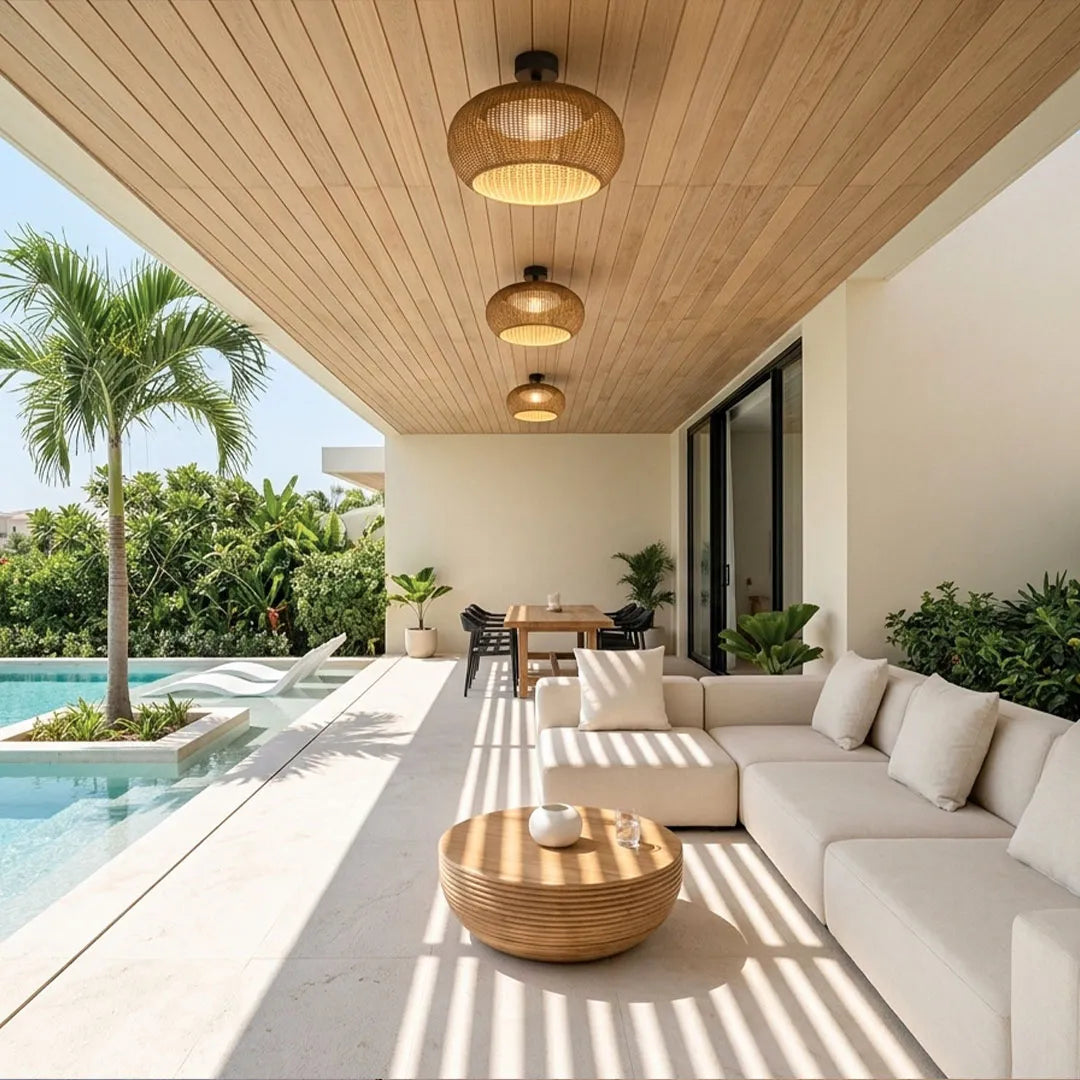 Woven flush mount light installed above a bright poolside seating area with neutral outdoor furniture.