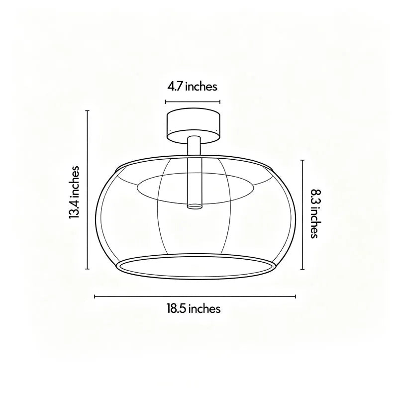 Woven flush mount light dimension diagram showing an 18.5-inch width and 13.4-inch overall height.