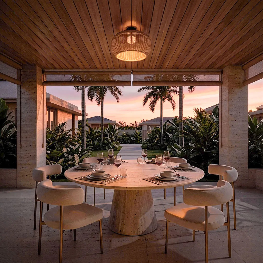 Woven flush mount light creating a warm glow above an outdoor dining table at sunset.