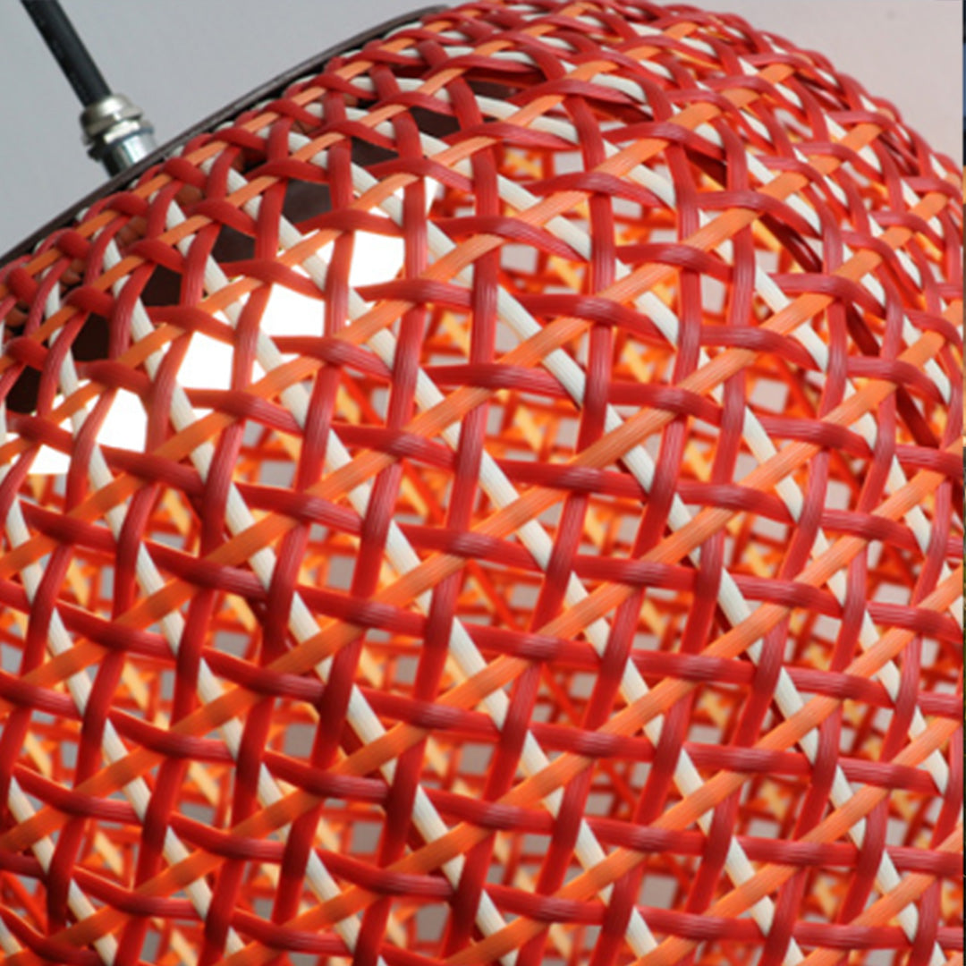 Woven hanging lantern with a close-up of its hanging mechanism and woven texture.