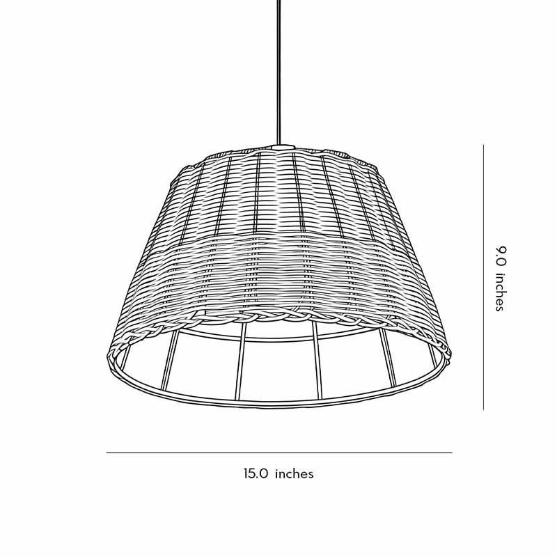 Woven pendant lamp dimensions, front view with size specifications.