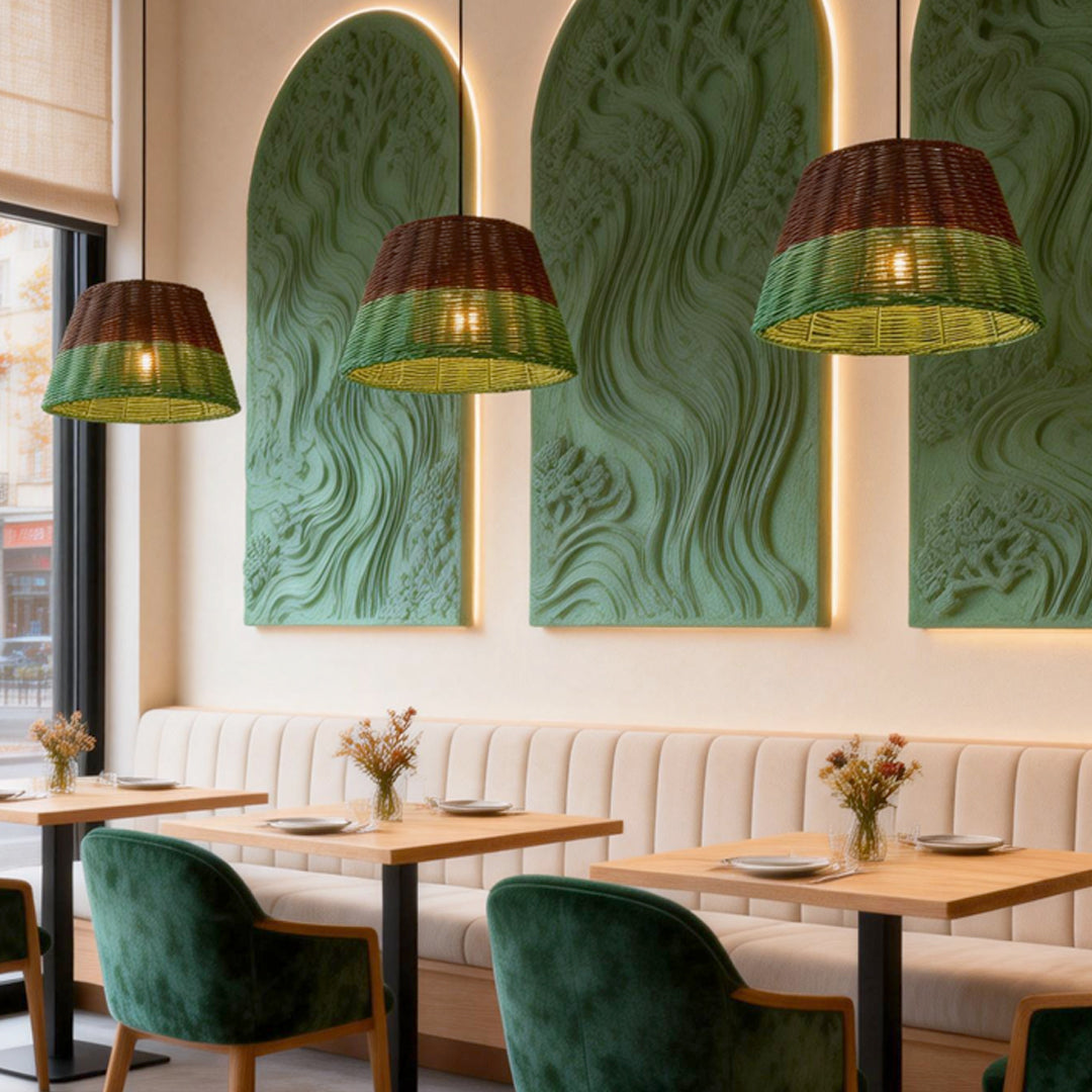 Woven pendant lamp providing soft illumination above a cozy booth in a café.
