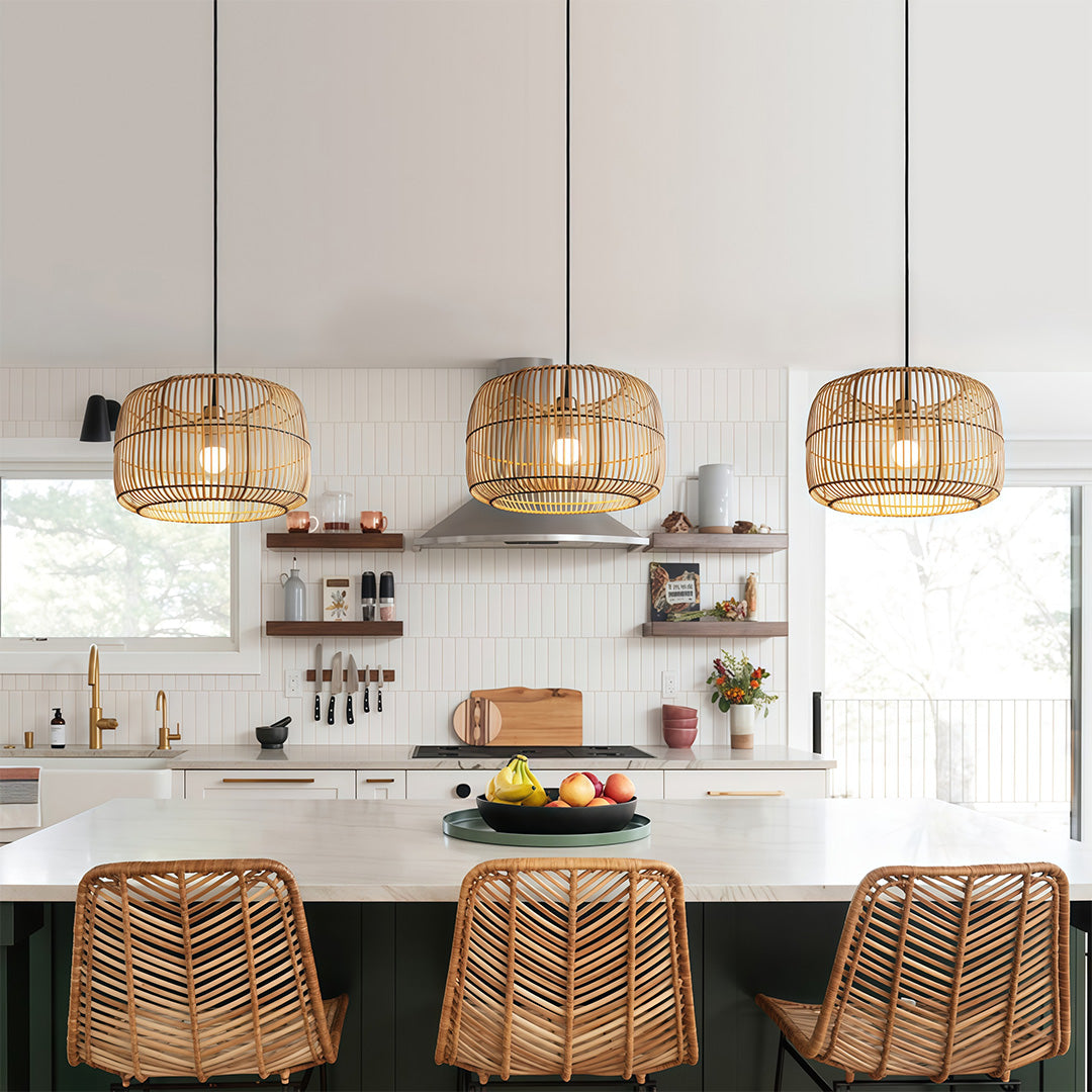 Woven pendant light in a rustic dining room, providing soft ambient lighting that enhances the room's atmosphere.