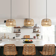 Woven pendant light in a rustic dining room, providing soft ambient lighting that enhances the room's atmosphere.