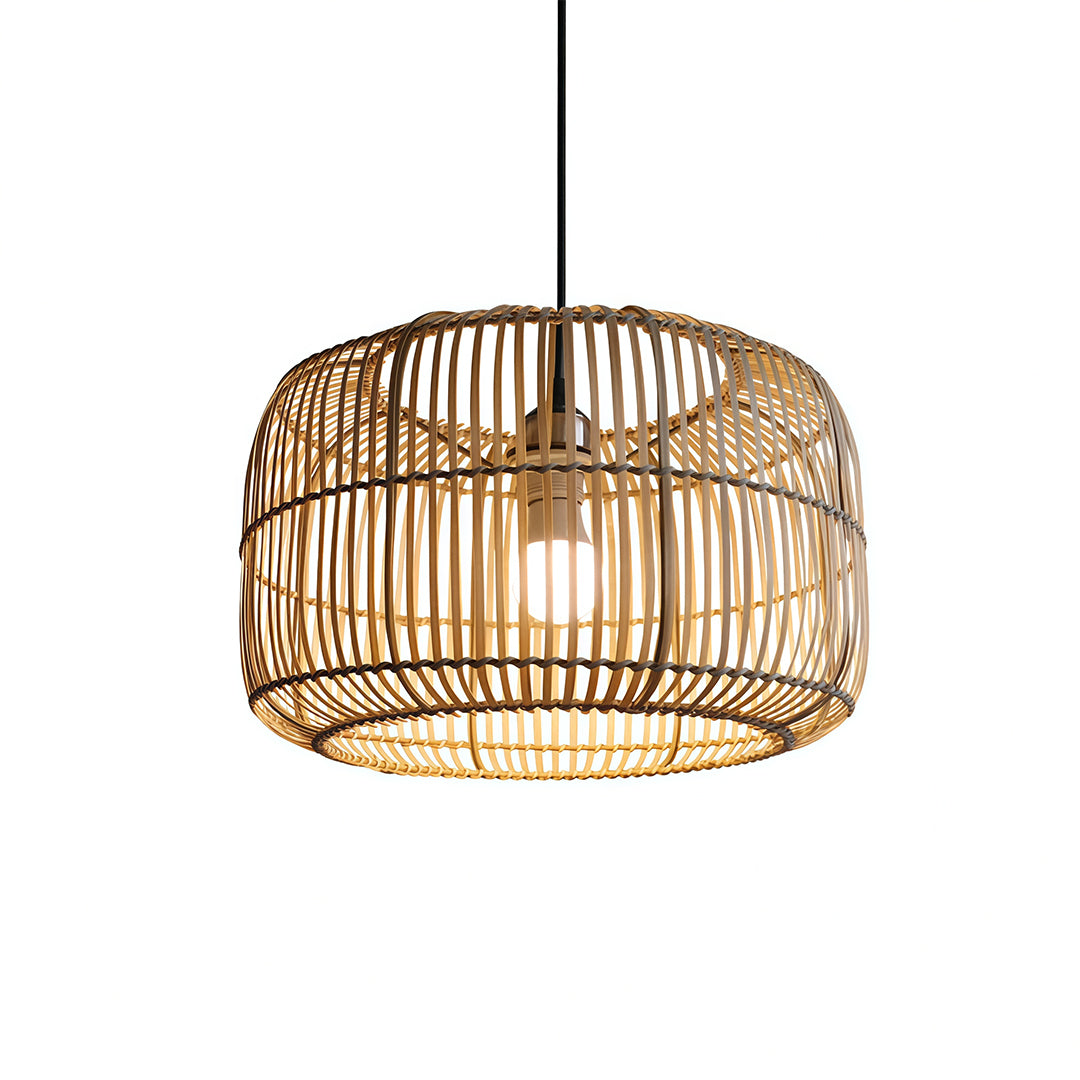 Elegant woven pendant light hung above a kitchen island, offering a warm and inviting glow for modern spaces.