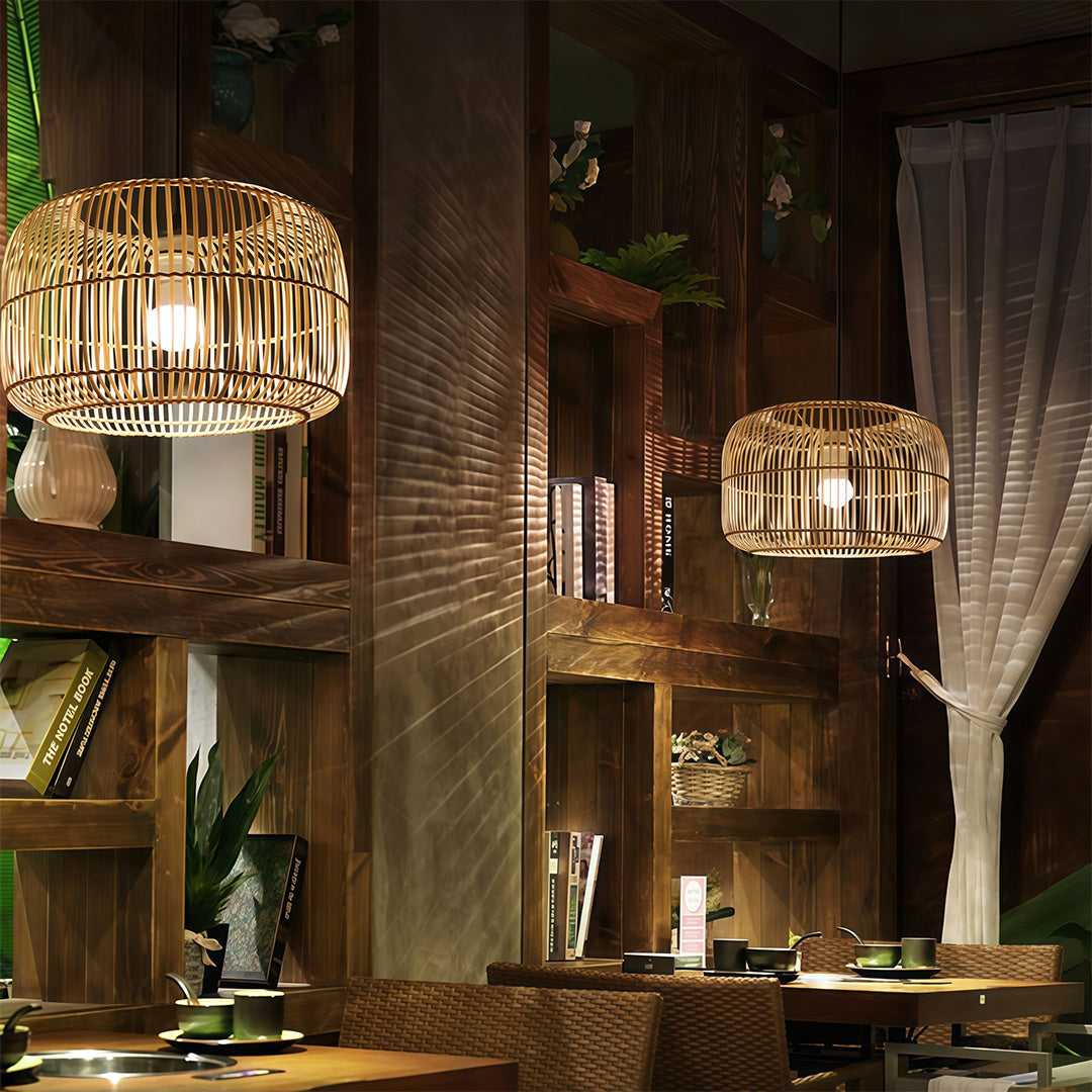 Stylish woven pendant light in a modern restaurant setting, blending rustic charm with contemporary design.