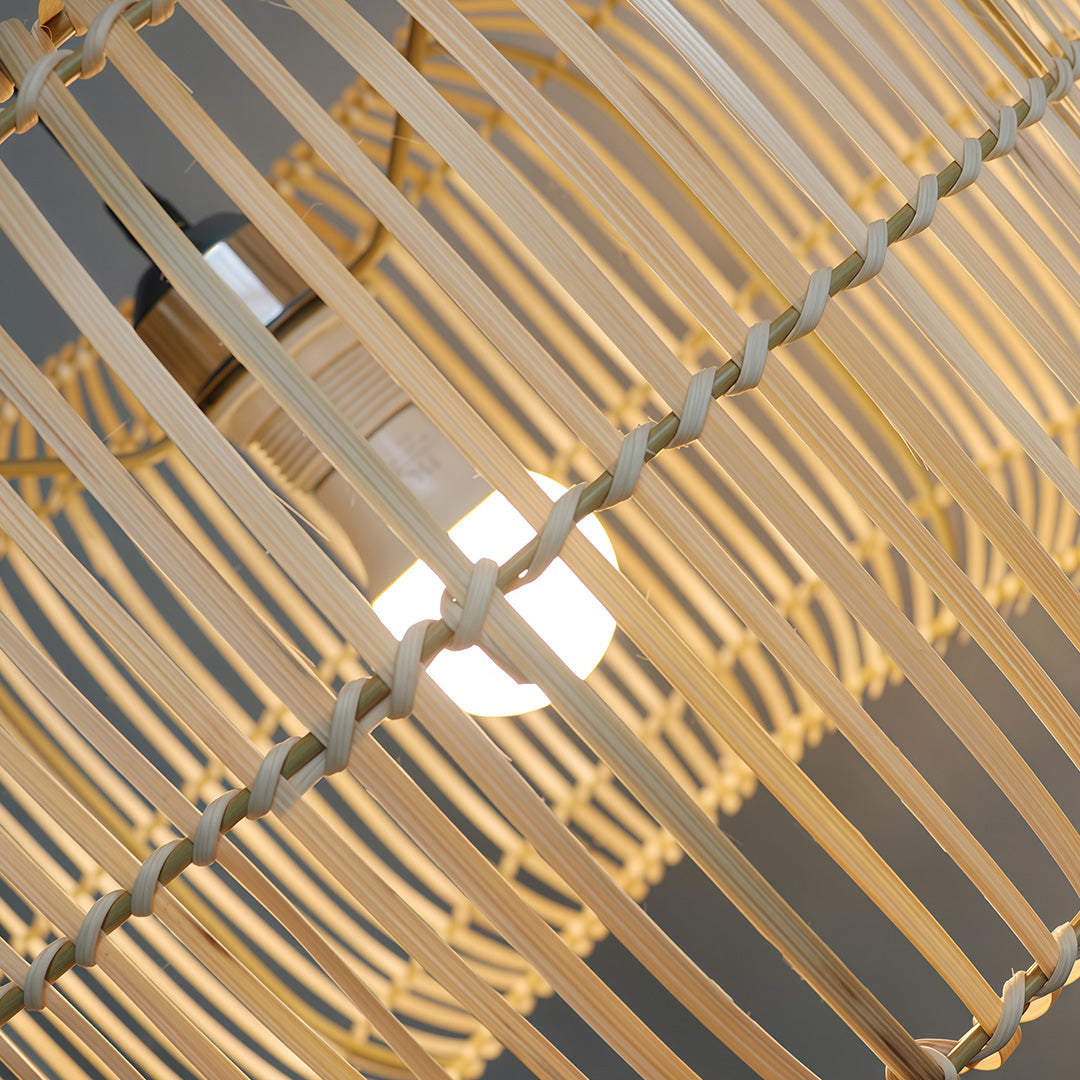 Woven pendant light close-up, showcasing the texture and design of the fixture with warm light.