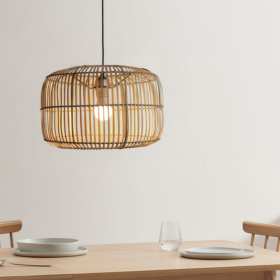 Woven pendant lights over a table in a cozy cafe, creating a warm and welcoming ambiance.