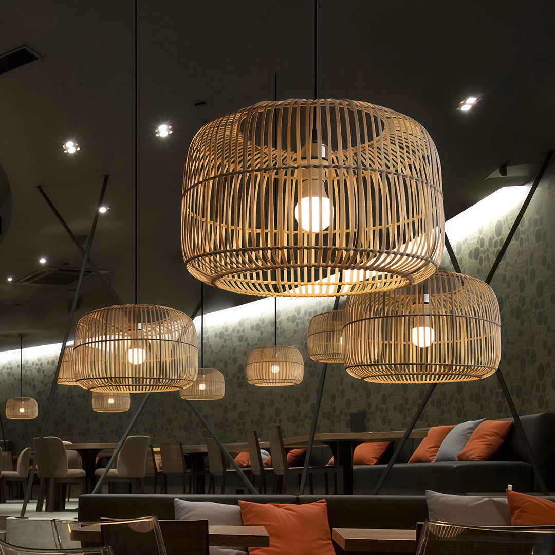 Set of woven pendant lights hanging in a chic modern restaurant, offering unique illumination.