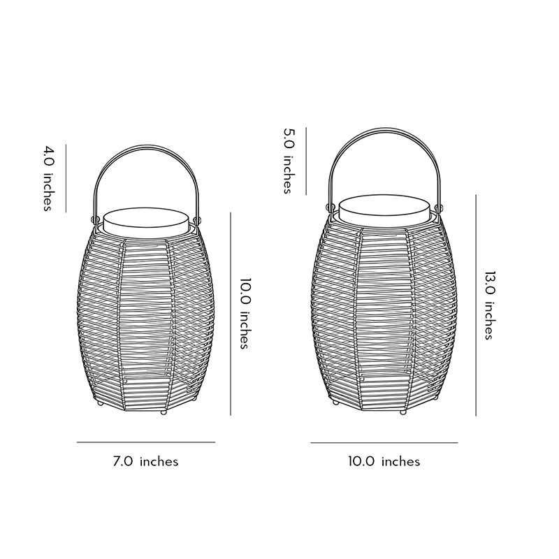Woven rattan lanterns with a minimalist design, providing ambient light in an outdoor setting.