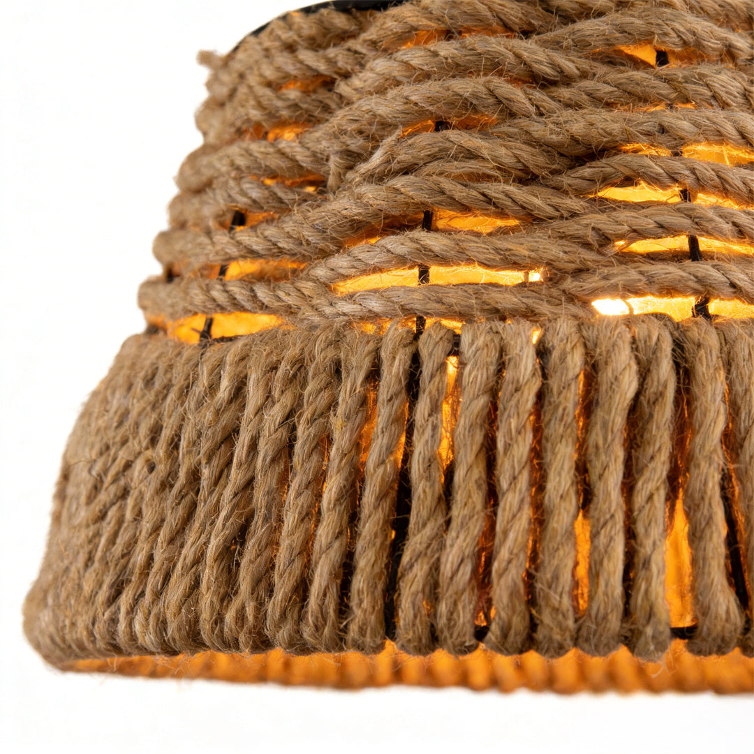 Woven rope pendant lights with a close up of its rope and light details.