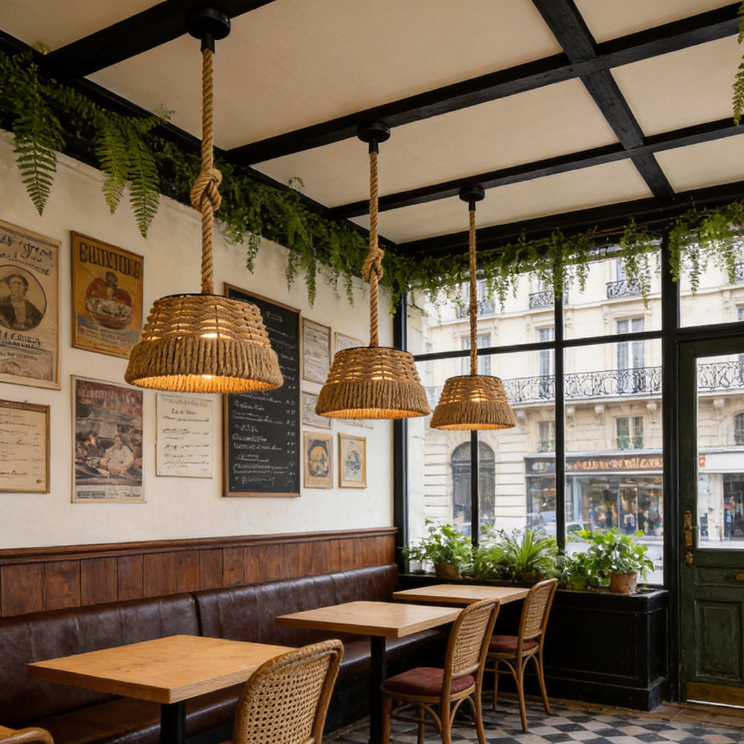 Woven rope pendant lights hanging above a cozy restaurant booth with natural decor.