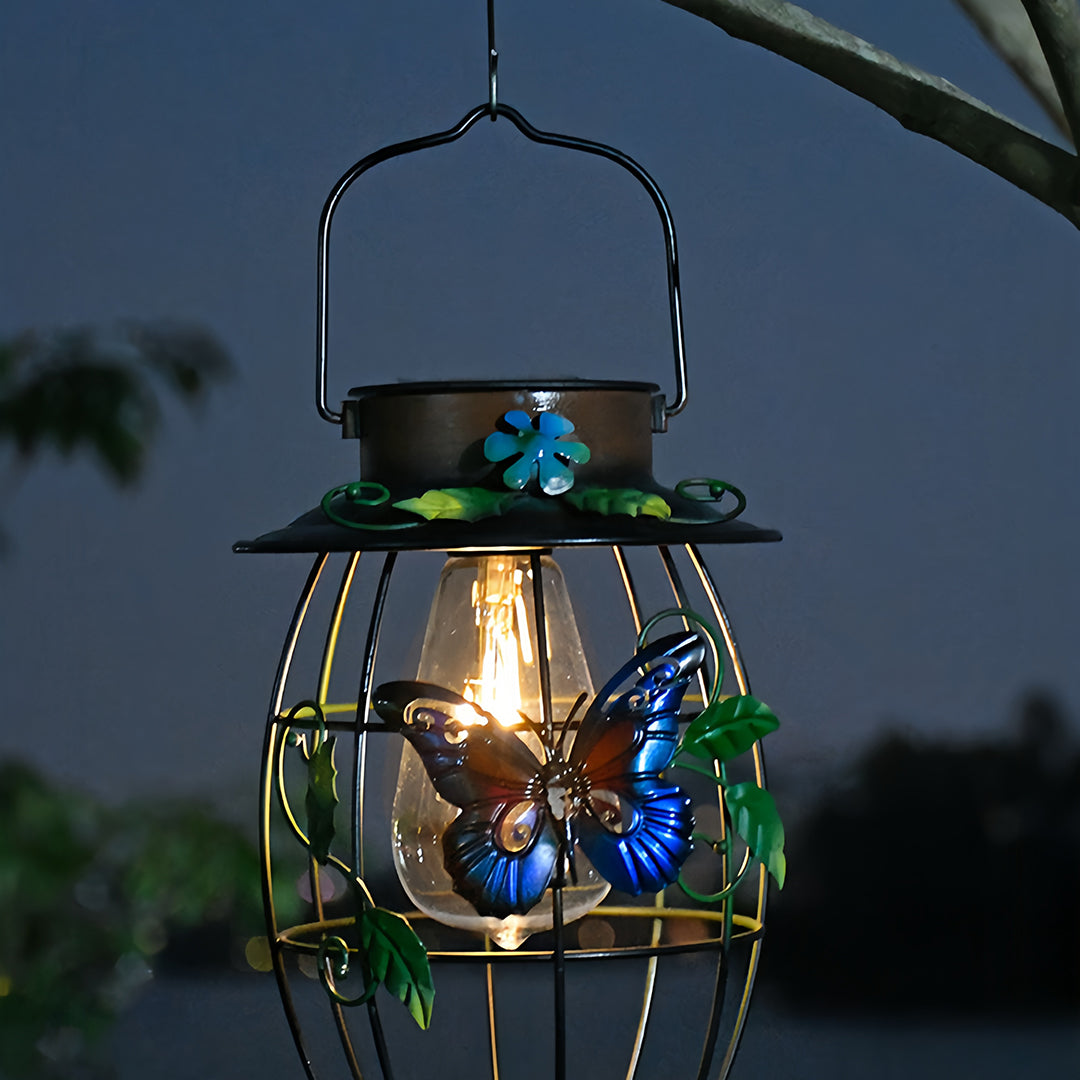 Wrought iron iron outdoor lanterns showcasing the integrated LED Edison bulb detail for ambient lighting.