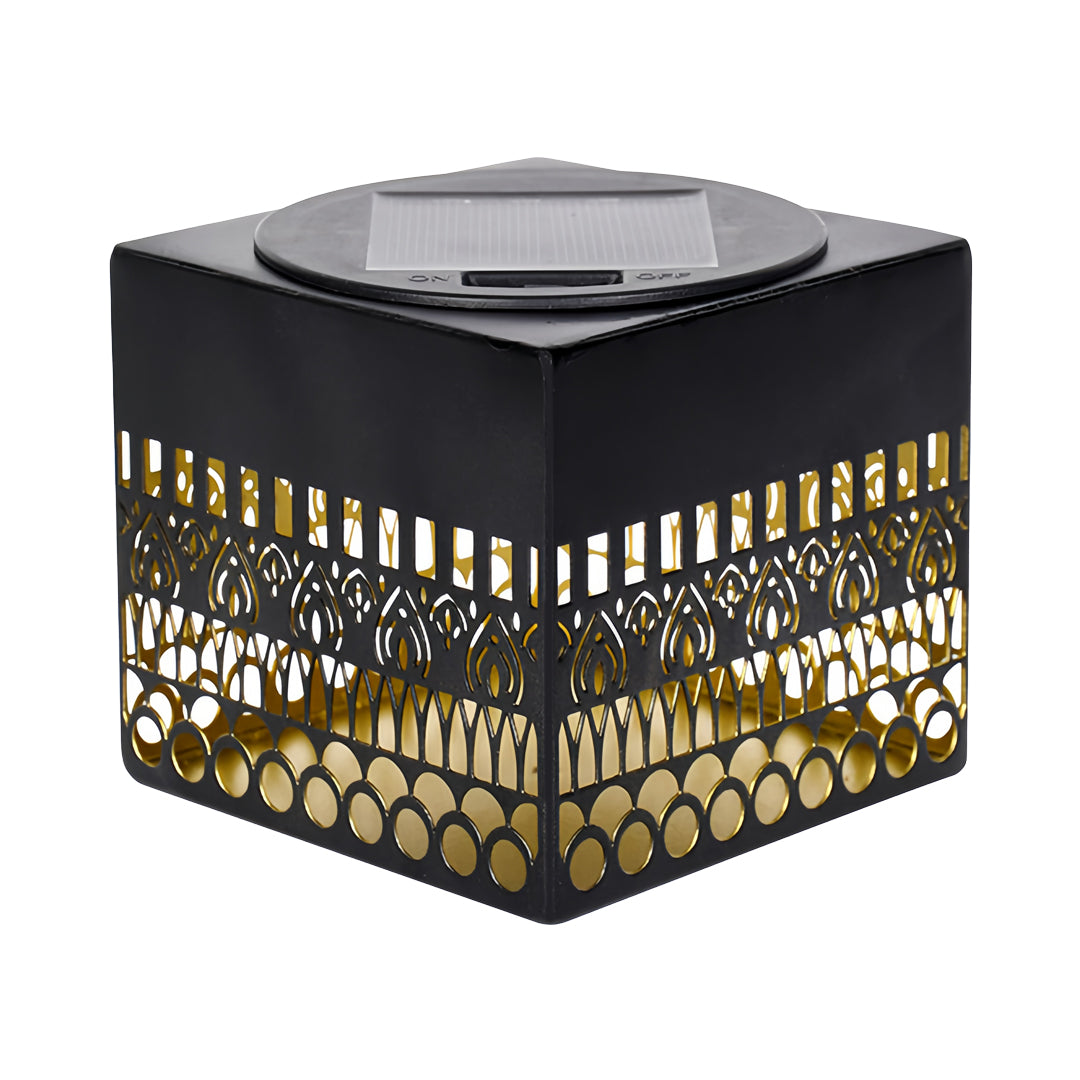 Modern wrought iron outdoor wall lights featuring a geometric square frame with detailed cutout design and warm glow.