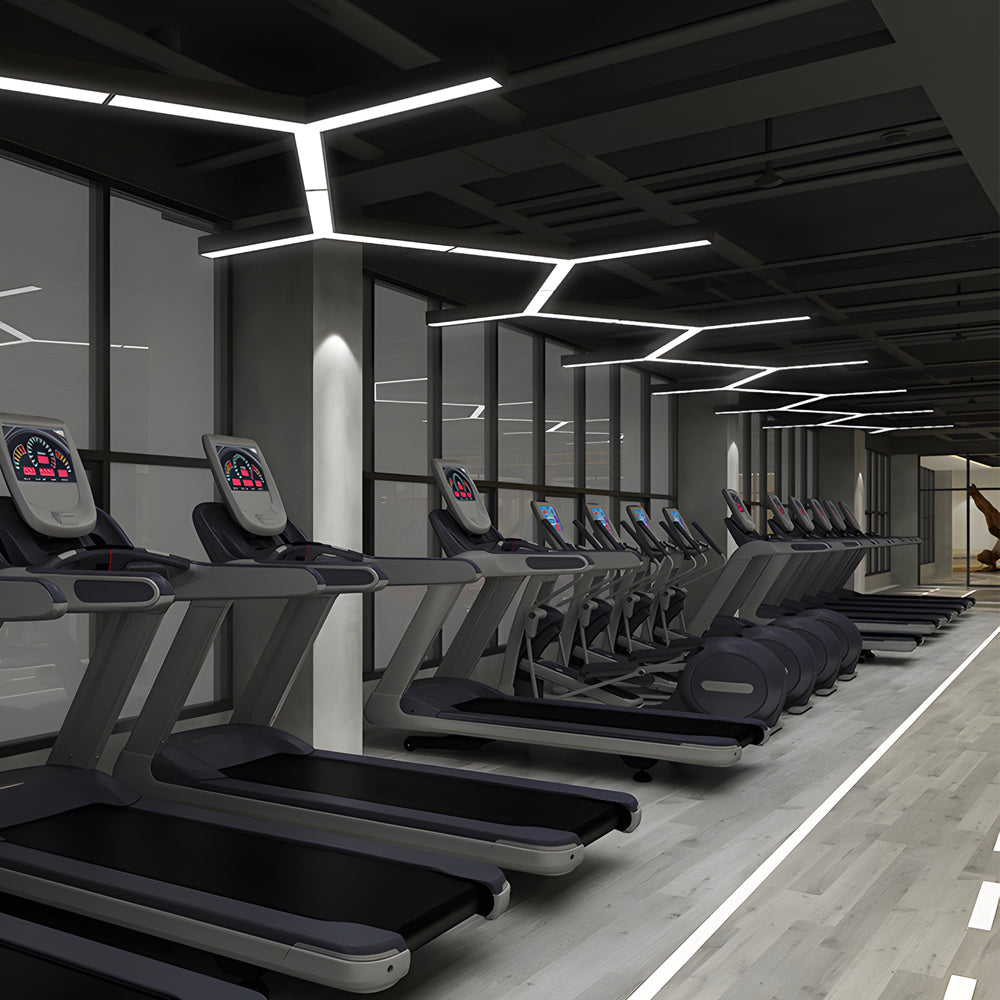 Y shape linear LED ceiling lights installed in a gym