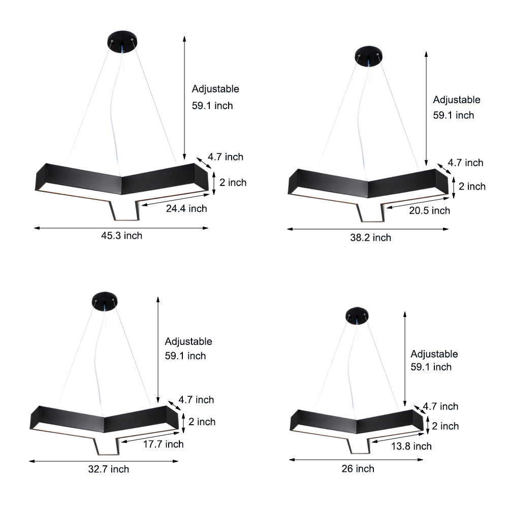 Y shape linear light showing size and dimension options