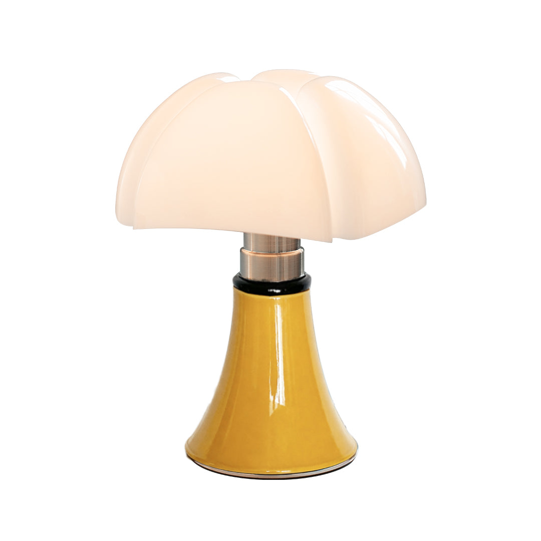 Yellow Bauhaus table lamp with dome-shaped white shade and chrome details.