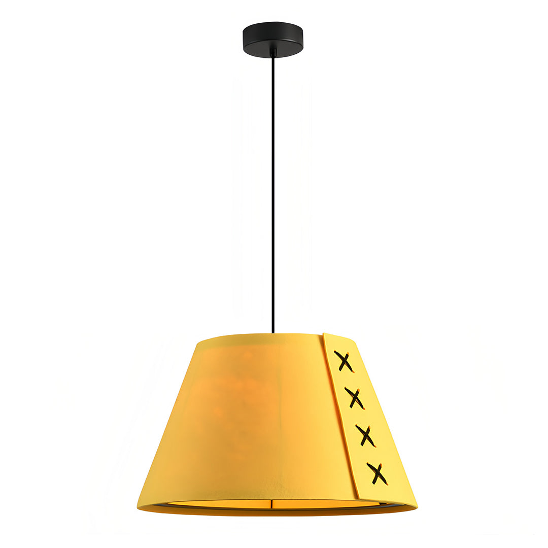 Detailed view of a yellow felt fabric hanging pendant light with decorative stitching and black cord 