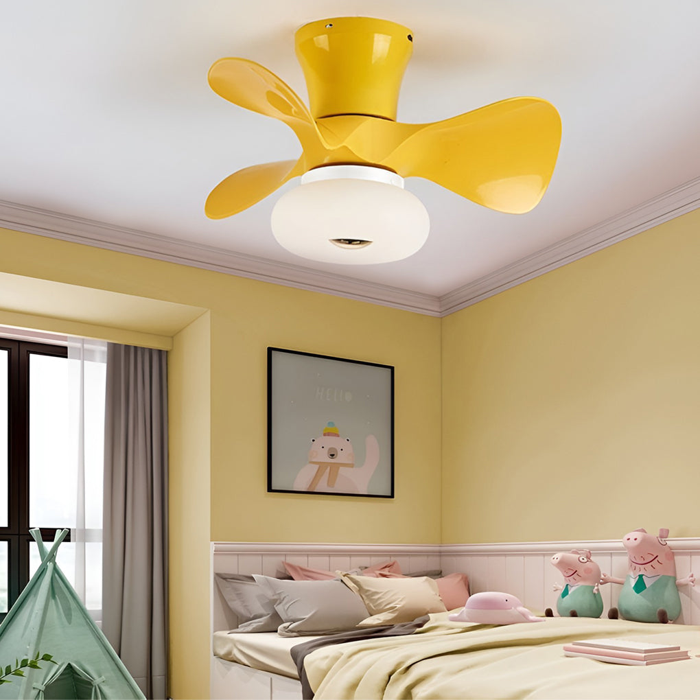 Yellow macaron ceiling fan with light brightening children bedroom.