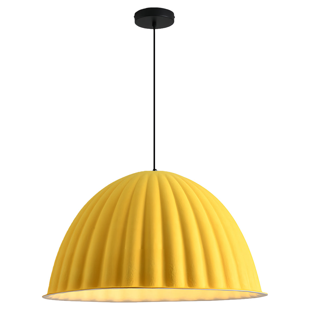 Full height view of the yellow version of the gray pendant light, hanging from a black canopy and suspension cord.