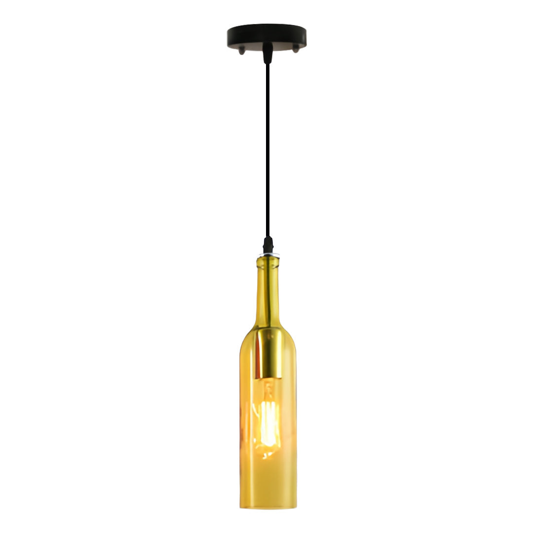 Amber wine bottle pendant light with golden glass shade creating warm vintage lighting