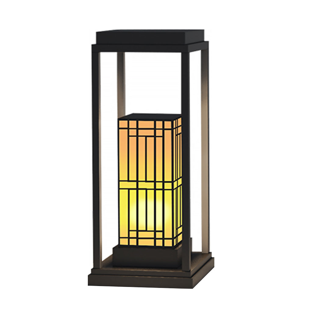 Traditional Asian Outdoor Light with Rectangular Frame and Patterned Lampshade