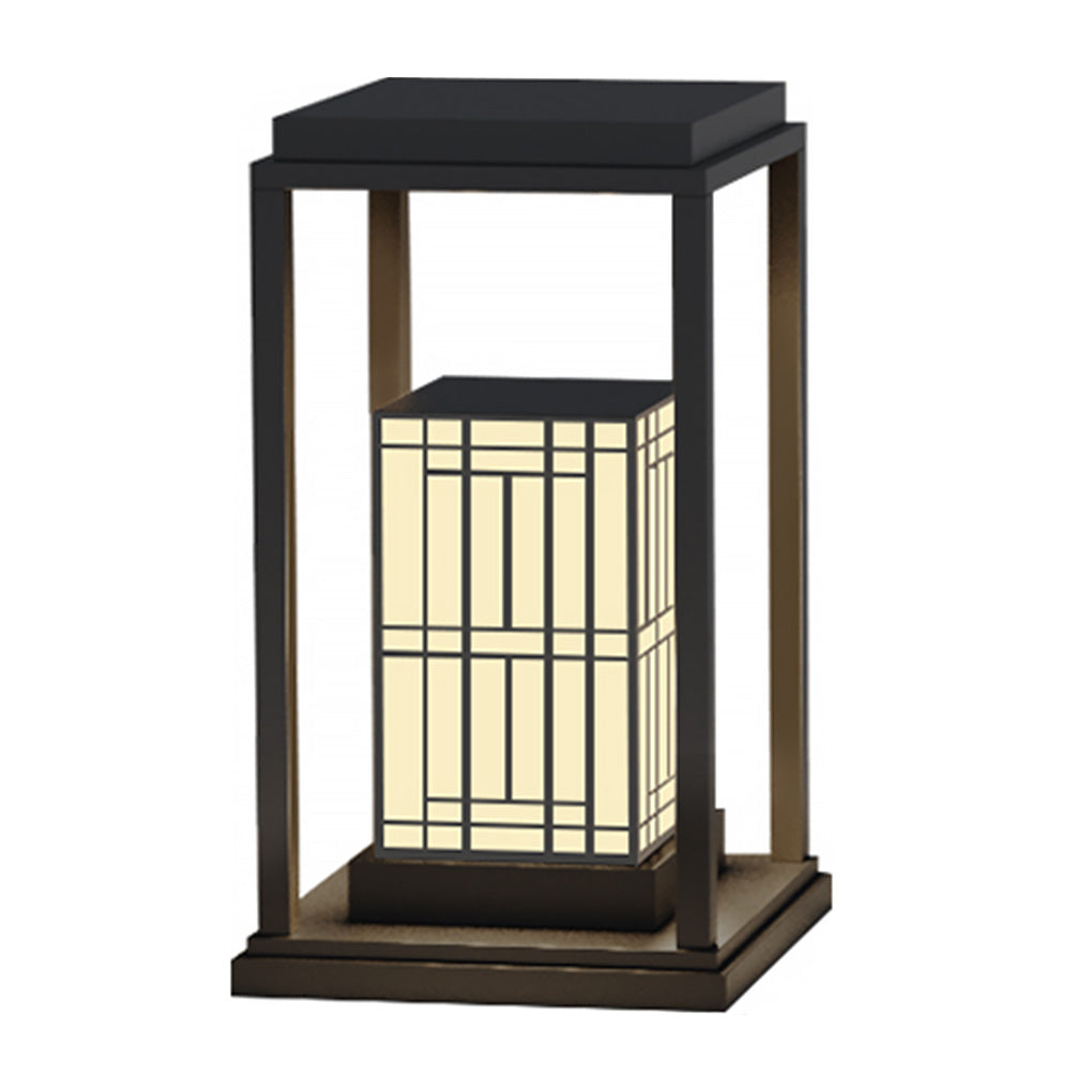 Traditional Asian Outdoor Light with Rectangular Frame and Patterned Lampshade