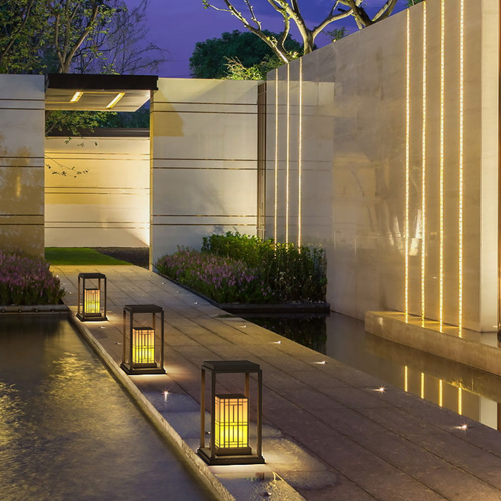 Traditional Asian Outdoor Light with Rectangular Frame and Patterned Lampshade