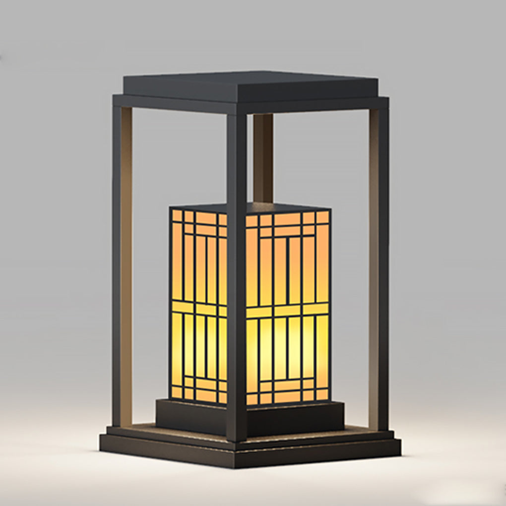 Traditional Asian Outdoor Light with Rectangular Frame and Patterned Lampshade