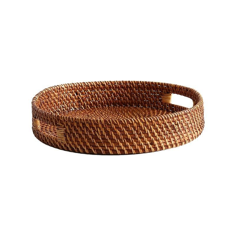 Rustic Round Wicker Rattan Basket Tray Serving Tray
